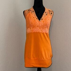 Y2K Wildcat Halter Dress Neon Orange Women's Size M/L Lace Trim Boho Preppy